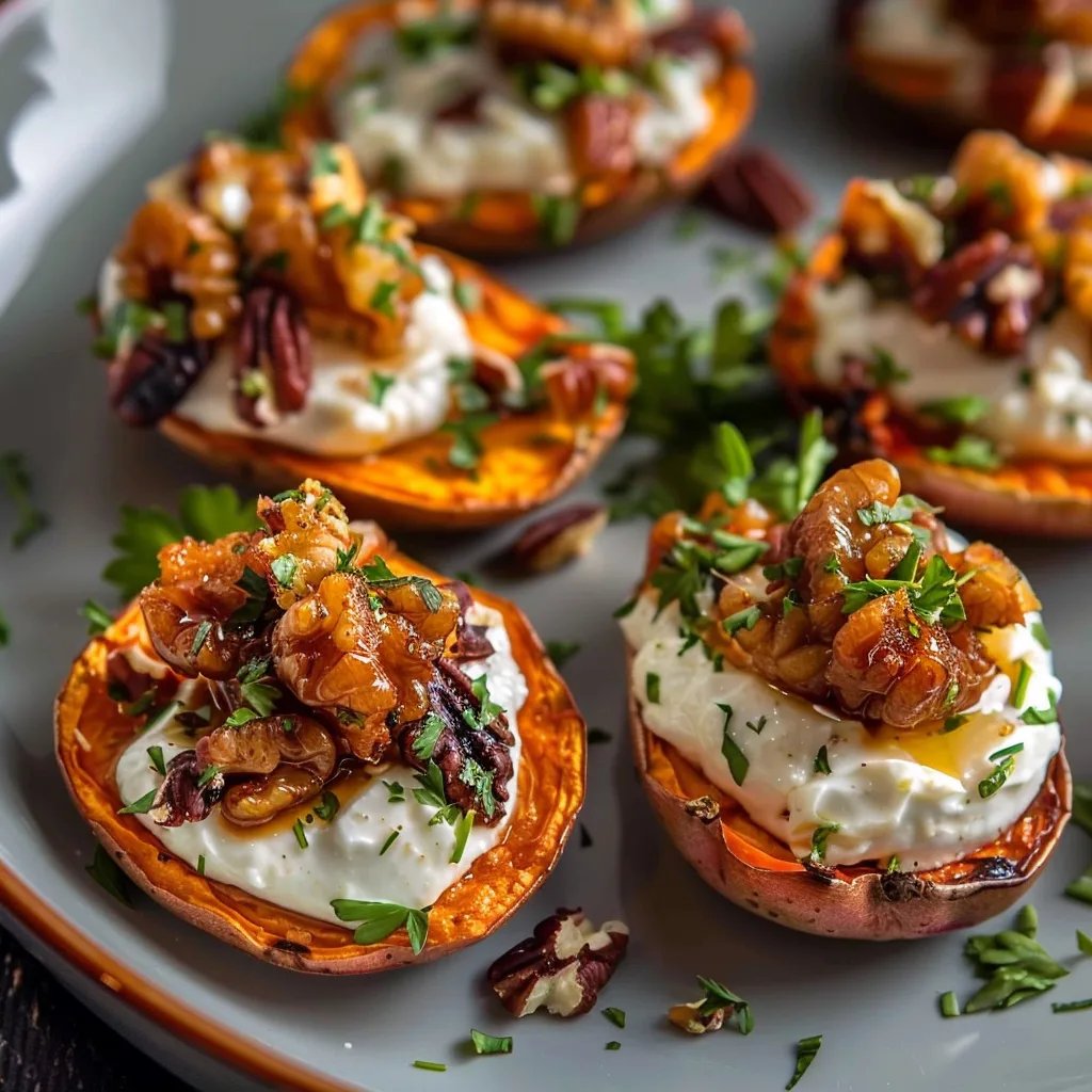 Roasted Sweet Potatoes Rounds with Ricotta and Walnuts